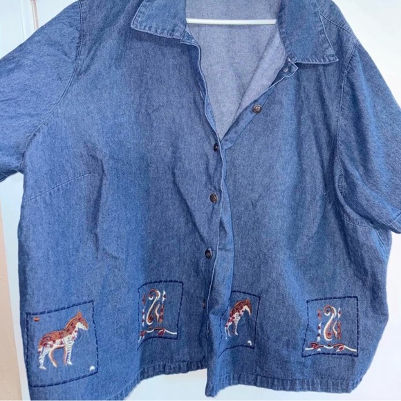 Embroidered Denim Button-Up Shirt - Blue - Picture 2 of 2